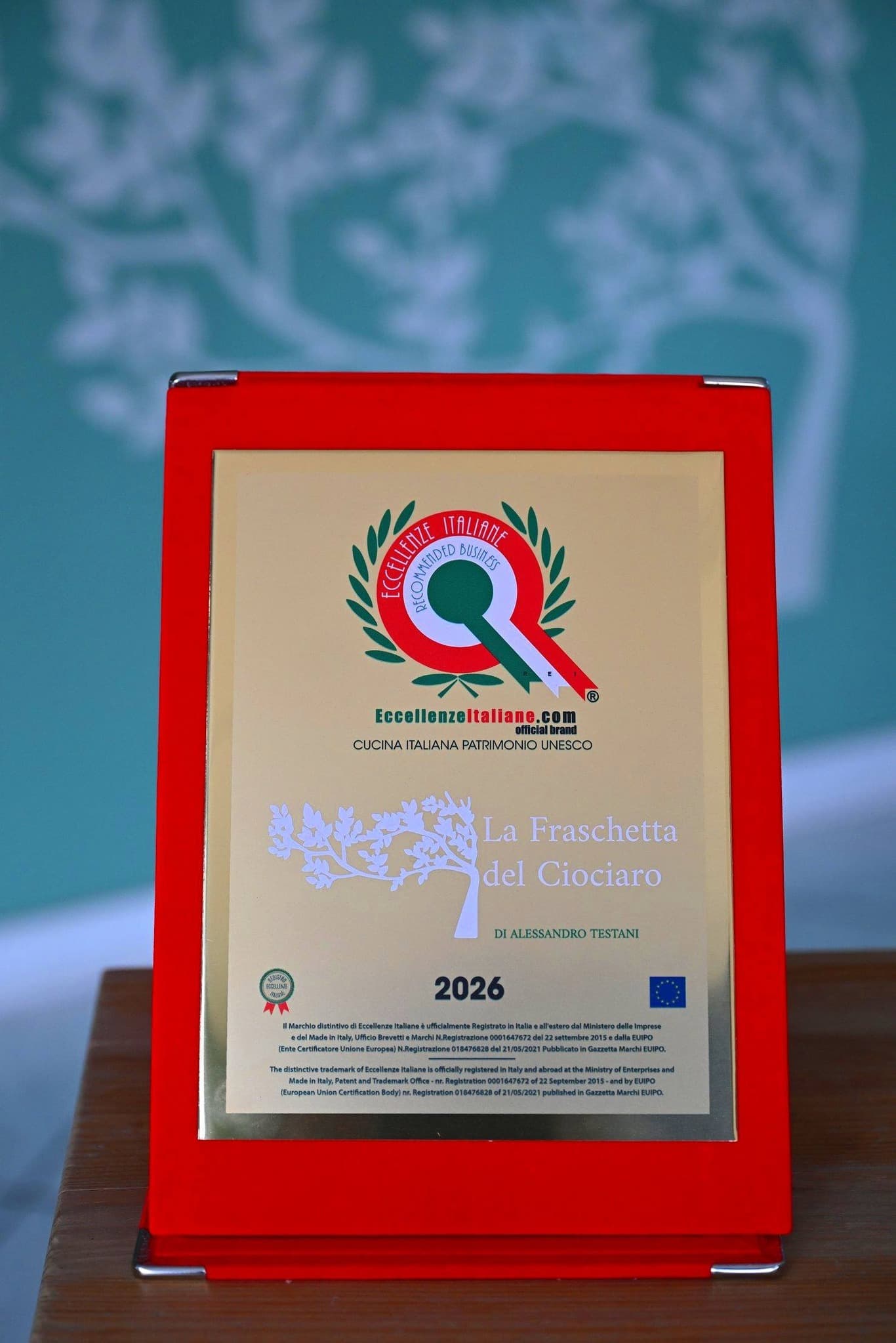 Targa del riconoscimento Eccellenze Italiane 2026